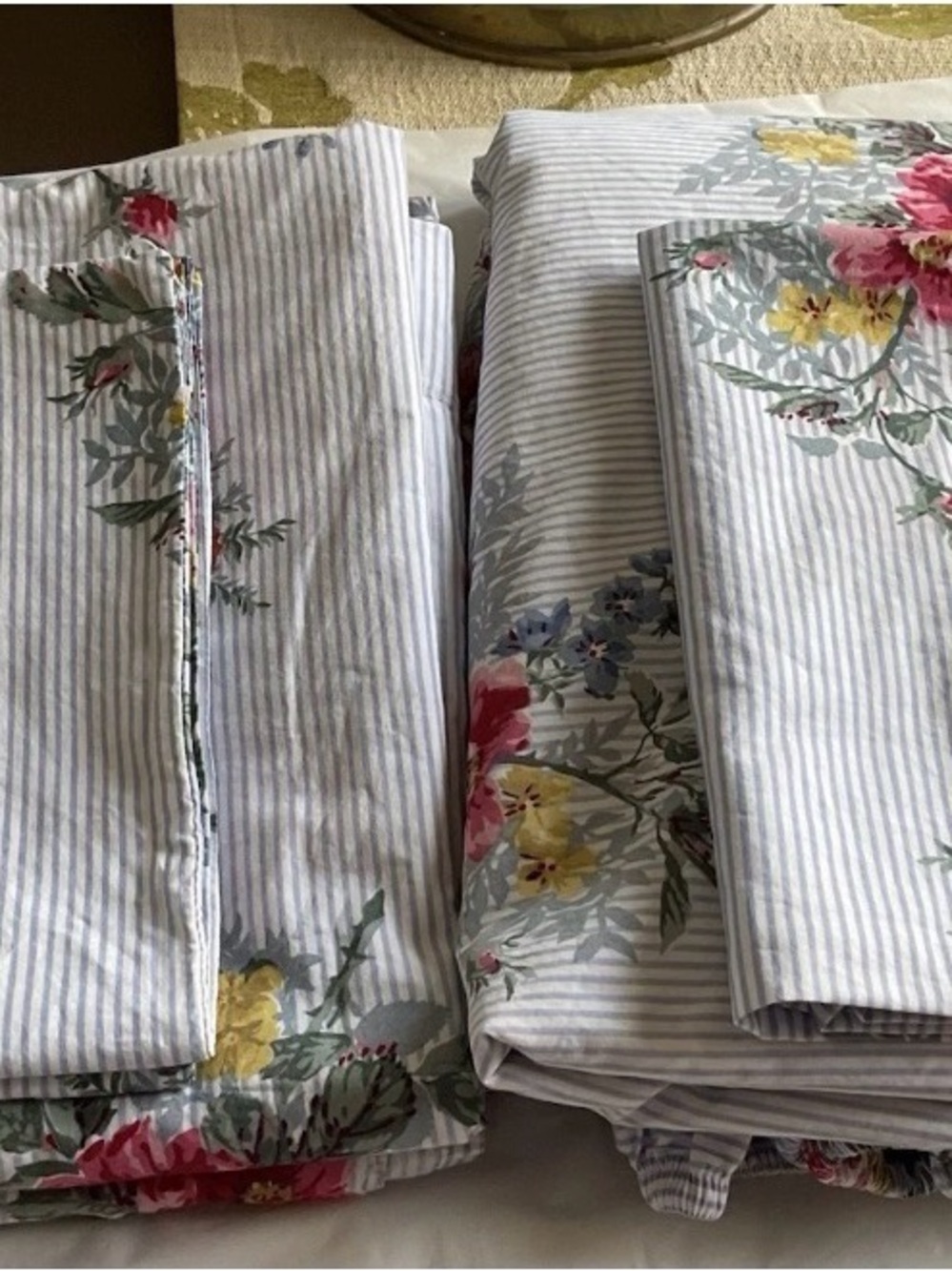VTG Chaps Ralph Lauren Home Nantucket Garden Blue Striped  Queen Sheets Set 4PCS